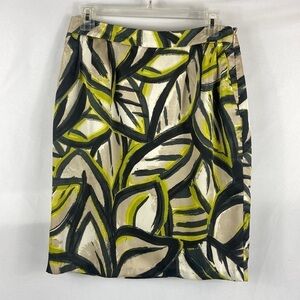 212 Collection Fully Lined Green Leaf Print Pencil Skirt with Side Zip